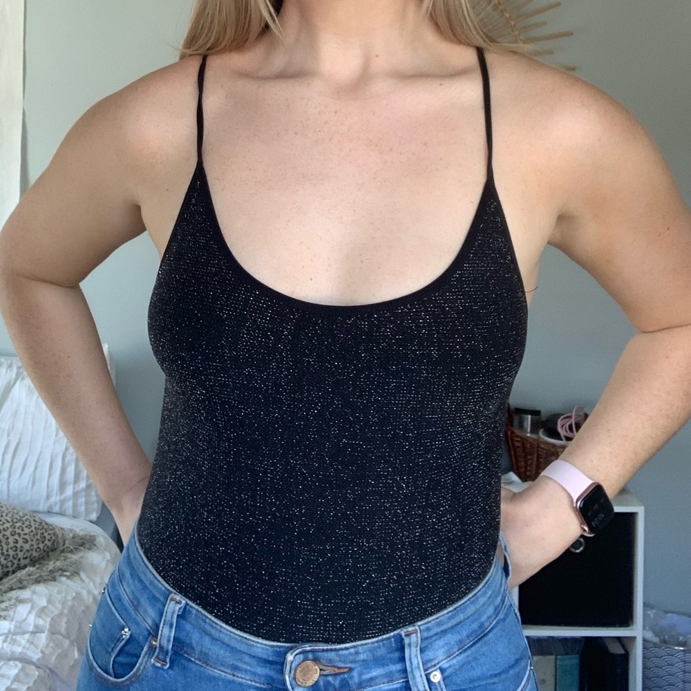 Black sparkle scoop neck bodysuit
